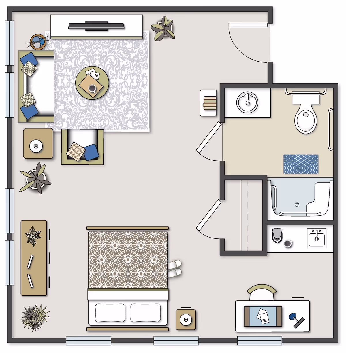 Floor plan of a senior living unit showing a living room with sofa, armchair, coffee table, TV, and plants; a bedroom area with a bed, nightstand, and dresser; a bathroom with a sink, toilet, and shower; and a small desk area with a chair and lamp.