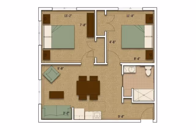 Floor plan of an assisted living apartment showing two bedrooms, a living area with chairs and a sofa, a dining table with four chairs, a kitchen area with a sink and stove, and a bathroom with a toilet and shower.