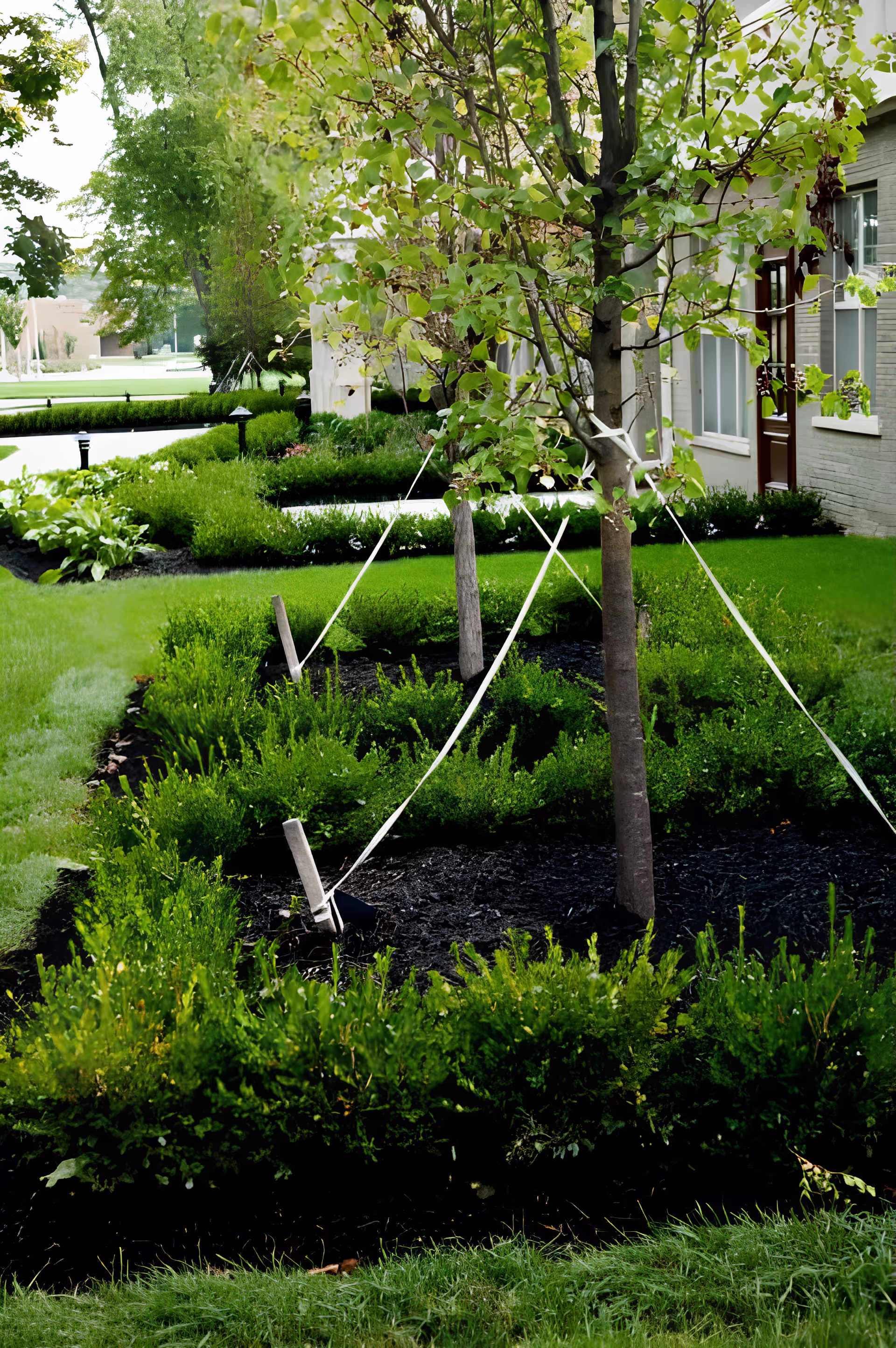 A landscaped garden area with young trees supported by stakes and ropes, surrounded by neatly trimmed bushes and green grass, adjacent to a building with windows and a door.