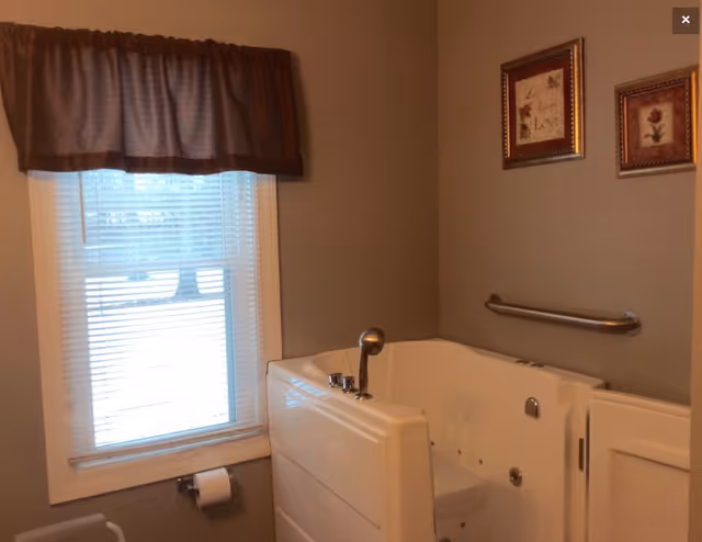 Small bathroom featuring a walk-in bathtub next to a window with blinds and a brown valance, a wall grab bar, and framed artwork.
