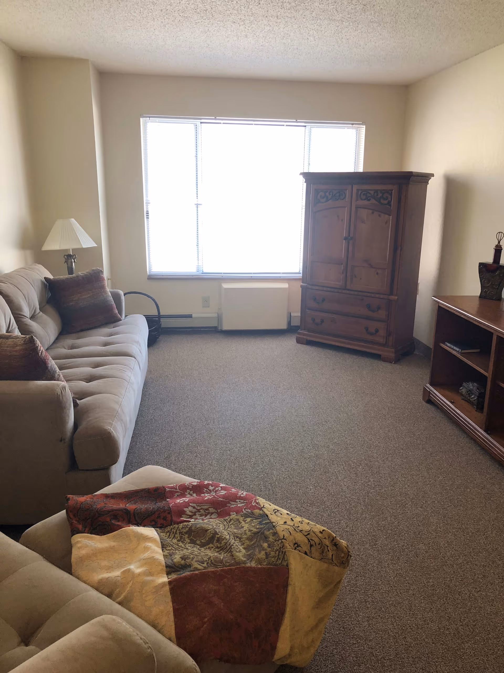 A living room with beige walls and carpeted floor featuring a beige sofa with two pillows, a matching armchair with a colorful patchwork blanket draped over it, a wooden armoire, a wooden TV stand with some items on it, and a window with blinds letting in natural light.