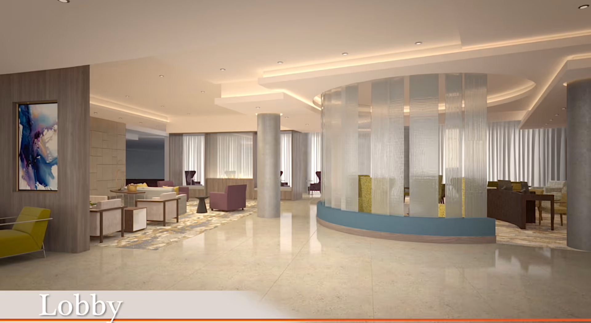 A spacious and modern lobby area with polished floors, multiple seating arrangements including armchairs and sofas, a curved glass partition, and soft lighting from ceiling fixtures. The space features neutral tones with accents of purple and green, and a large abstract painting on one wall.