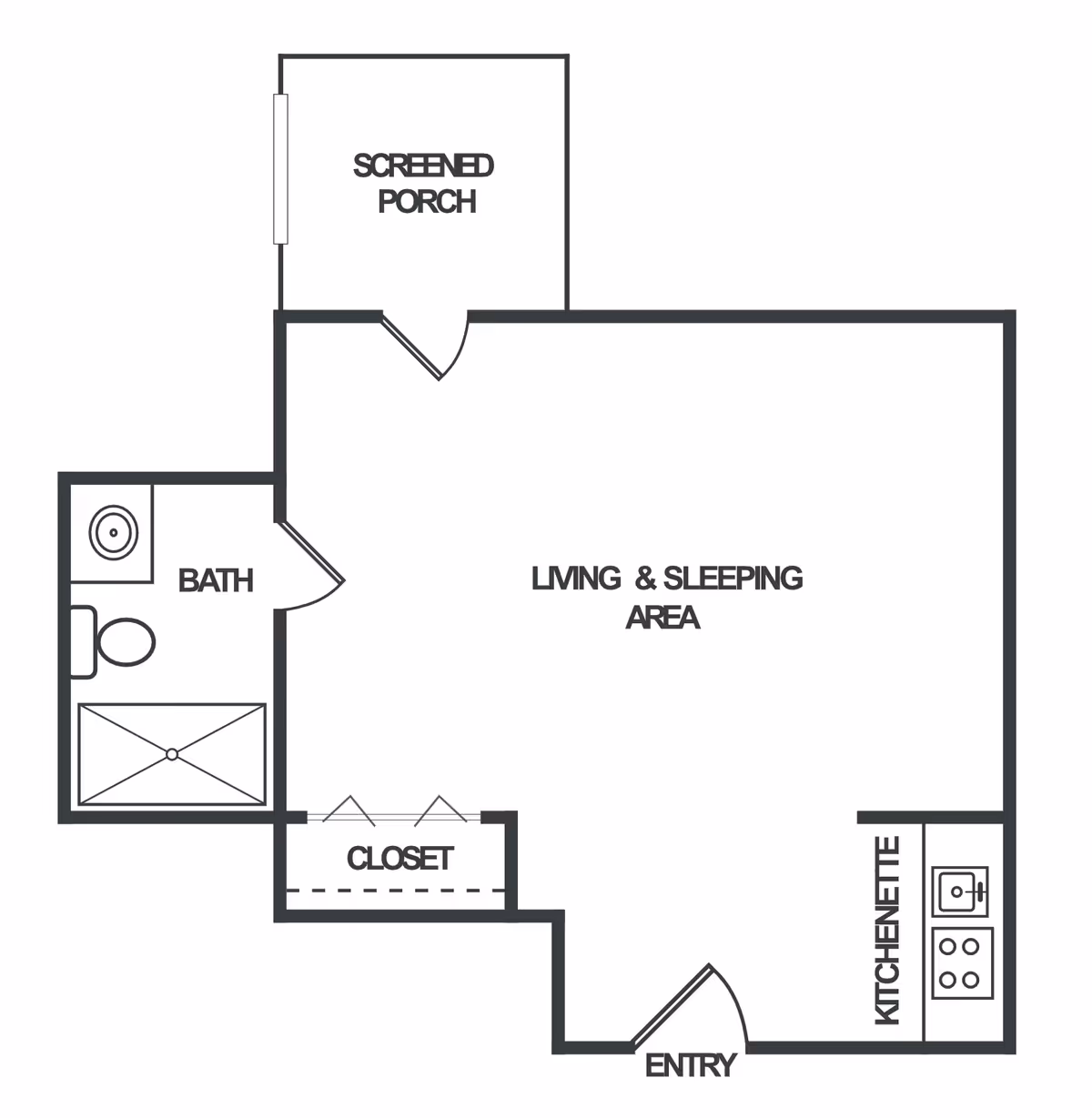 Floor plan of a studio apartment featuring a living and sleeping area, a kitchenette, a closet, a bathroom with a shower, toilet, and sink, an entry door, and a screened porch.