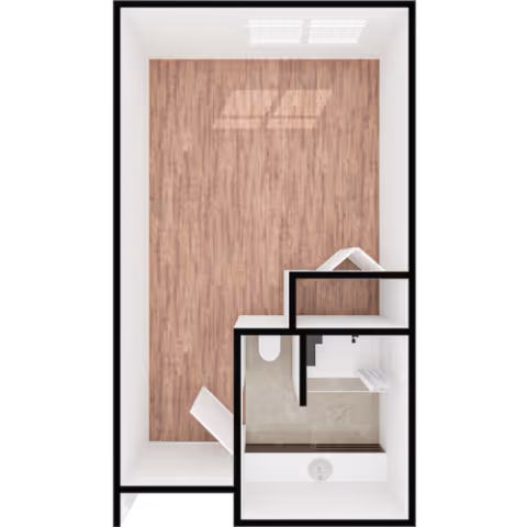 Top-down view of a small apartment floor plan featuring a main room with wood flooring, a bathroom with a toilet and shower area, and a small closet space.