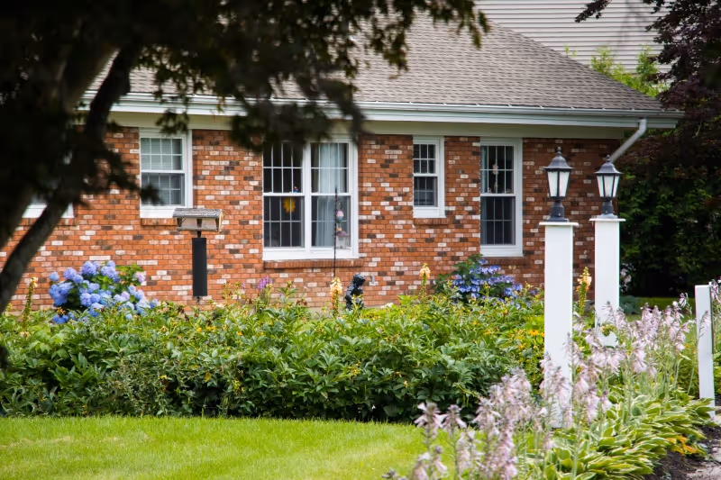 Exterior view of a brick building with white-framed windows partially obscured by green bushes and flowering plants in the foreground. Two white lamp posts with black lanterns stand near the garden area, and a tree branch partially frames the top left corner of the image.