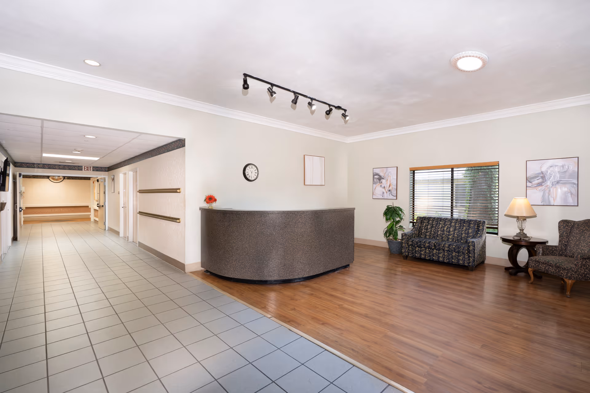 Reception lobby with a curved front desk, seating area of chairs and a couch, a potted plant, and a long tiled hallway.
