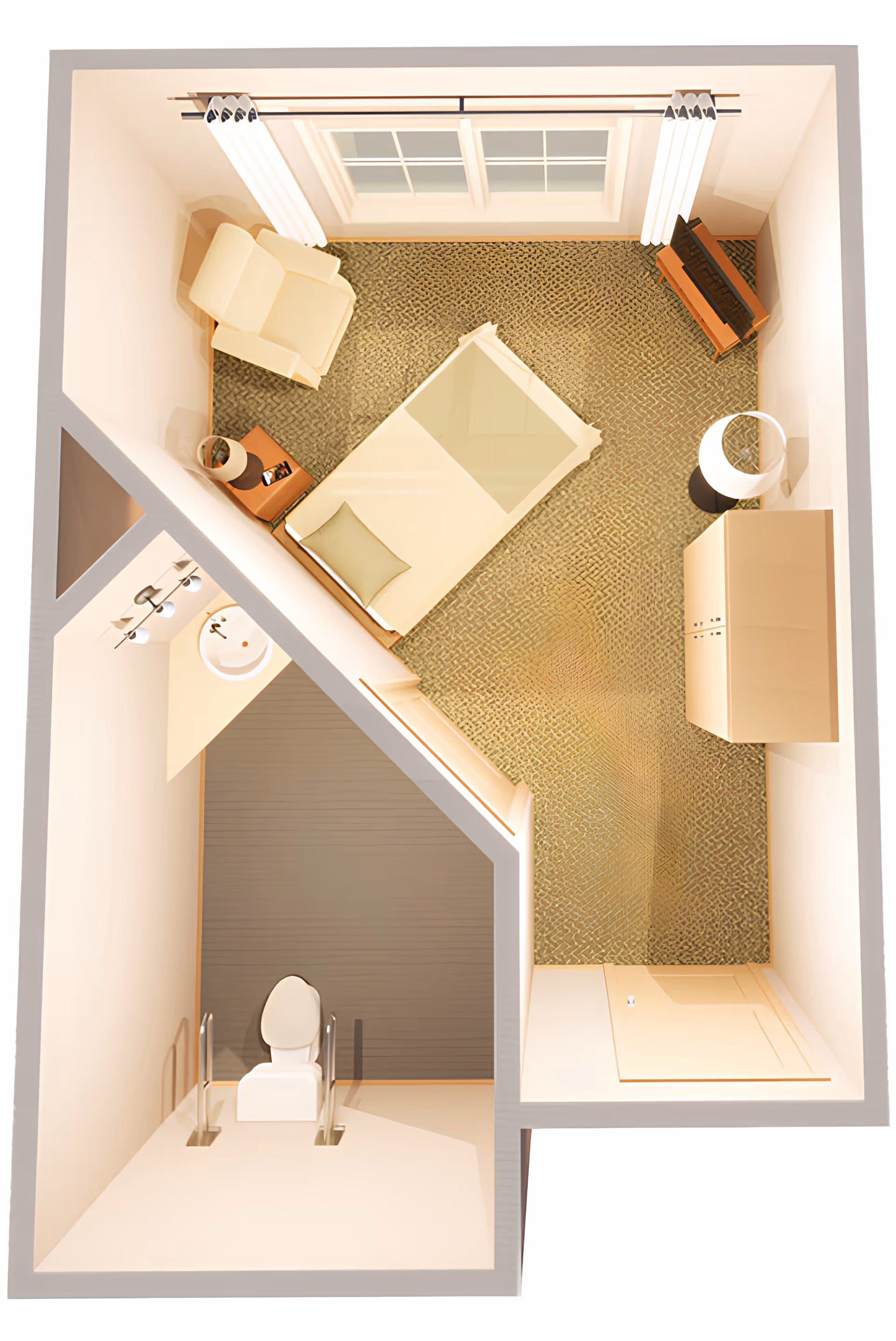 Top-down view of a small assisted living room with a single bed, armchair, side table with a lamp and phone, a cabinet, a floor lamp, and a window with curtains. Adjacent to the room is a compact bathroom with a toilet and a sink.