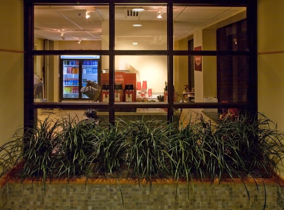 View through a large window into a room with a beverage station featuring coffee dispensers, red cups, and a refrigerator stocked with various drinks. In front of the window is a planter with green leafy plants.