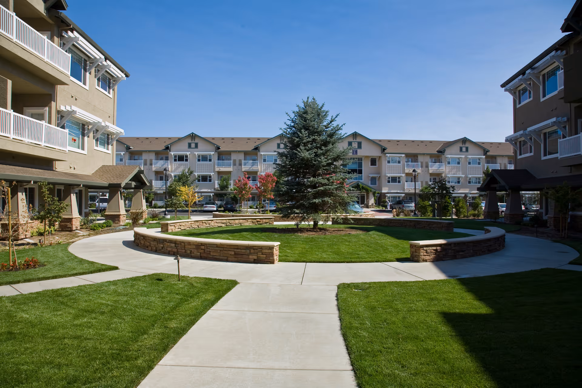 Outdoor courtyard area of a senior living facility with a circular stone bench surrounding a large evergreen tree, well-maintained grass, paved walkways, and multi-story residential buildings in the background under a clear blue sky.