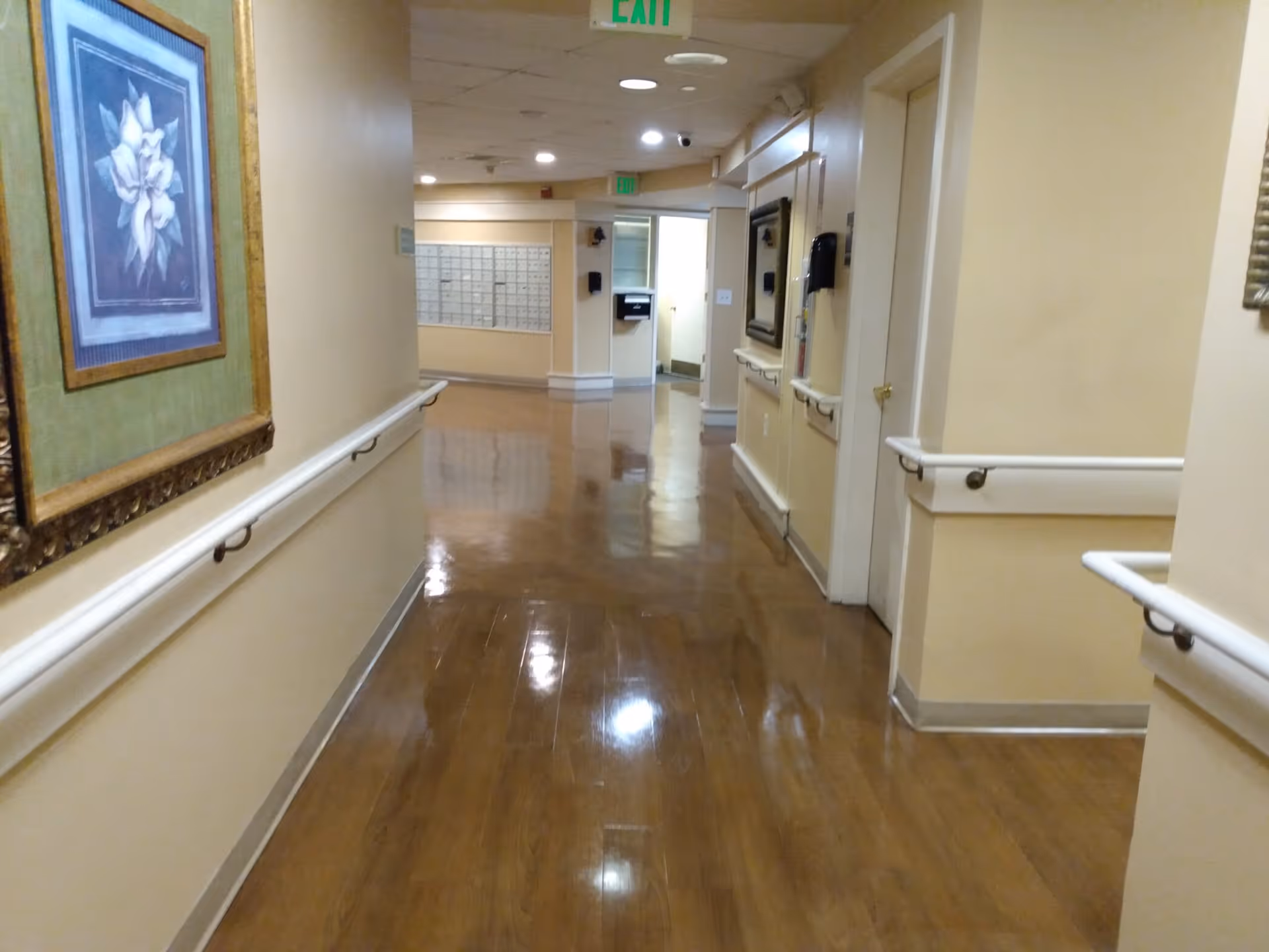 A clean, well-lit hallway in a senior living facility with polished wooden floors, beige walls, handrails on both sides, a framed floral painting on the left wall, and mailboxes visible at the end of the corridor.