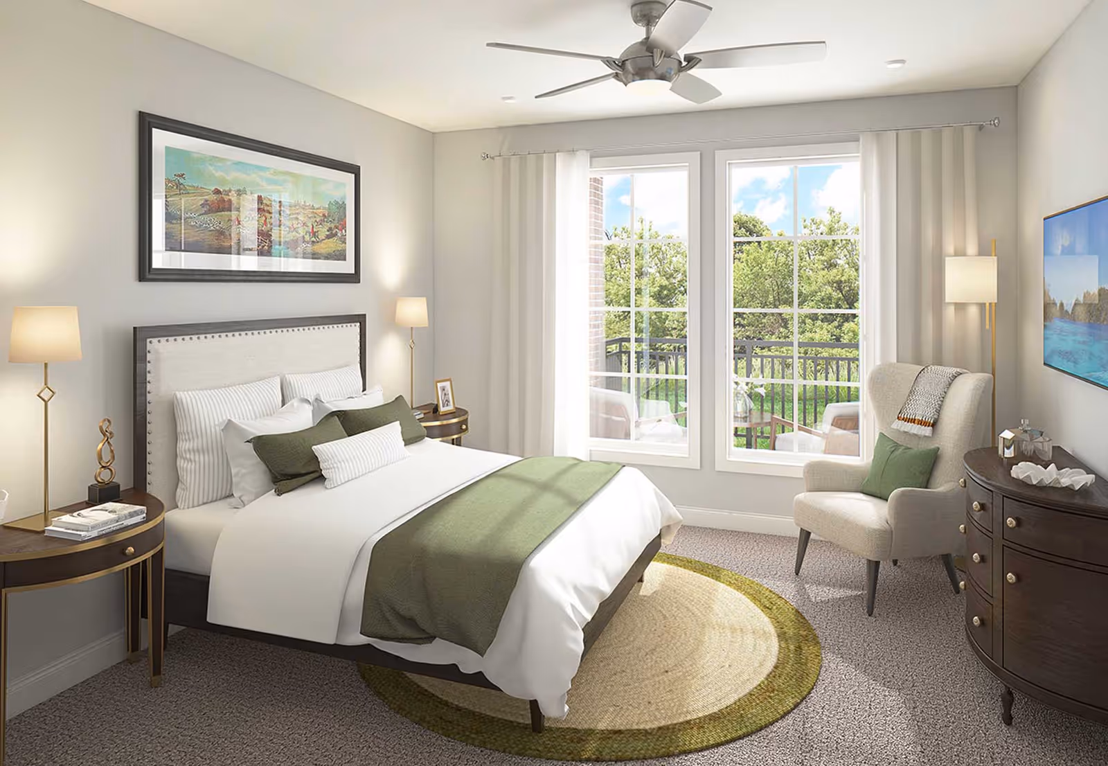 A bright and cozy bedroom featuring a neatly made bed with white and green bedding, two bedside tables with lamps, a comfortable armchair with a green pillow and a throw blanket, a round rug under the bed, large windows with white curtains letting in natural light, and a dresser with decorative items. Outside the windows, there is a balcony with chairs and a table, overlooking green trees and a blue sky.