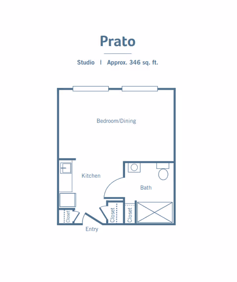 Floor plan of a studio apartment named Prato, approximately 346 square feet, showing an entry leading to a kitchen area, a combined bedroom and dining space, a bathroom, and multiple closets.