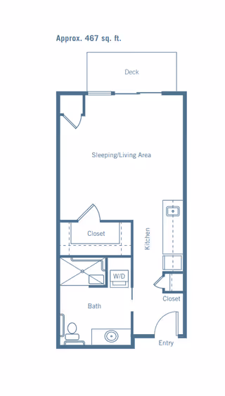 Floor plan of a studio apartment approximately 467 square feet, featuring an entryway leading to a kitchen with a closet, a combined sleeping and living area with a closet, a bathroom with a toilet and sink, a washer/dryer unit, and a deck accessible from the sleeping/living area.