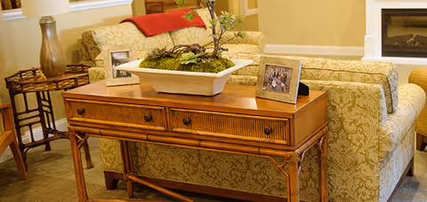 Wooden console table with a planter and framed photos sits behind a patterned sofa in a cozy living room.