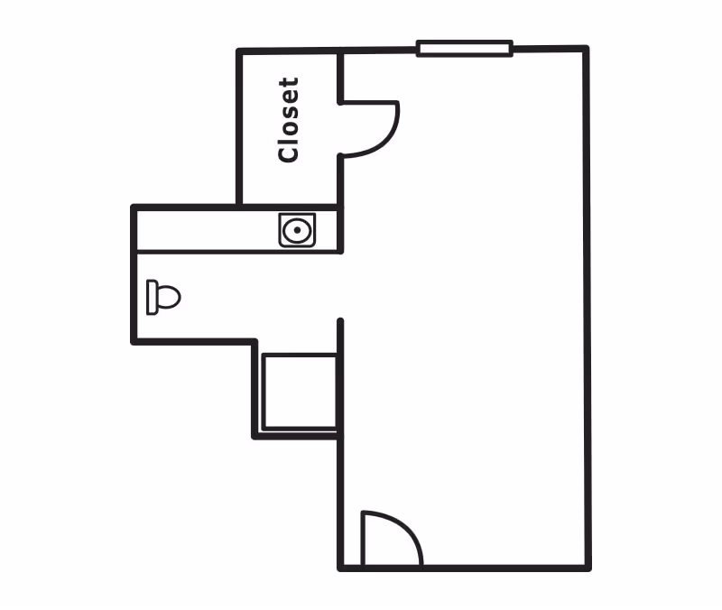 Black and white architectural floor plan showing a room with a closet, a small bathroom with a toilet and sink, and an entry door.