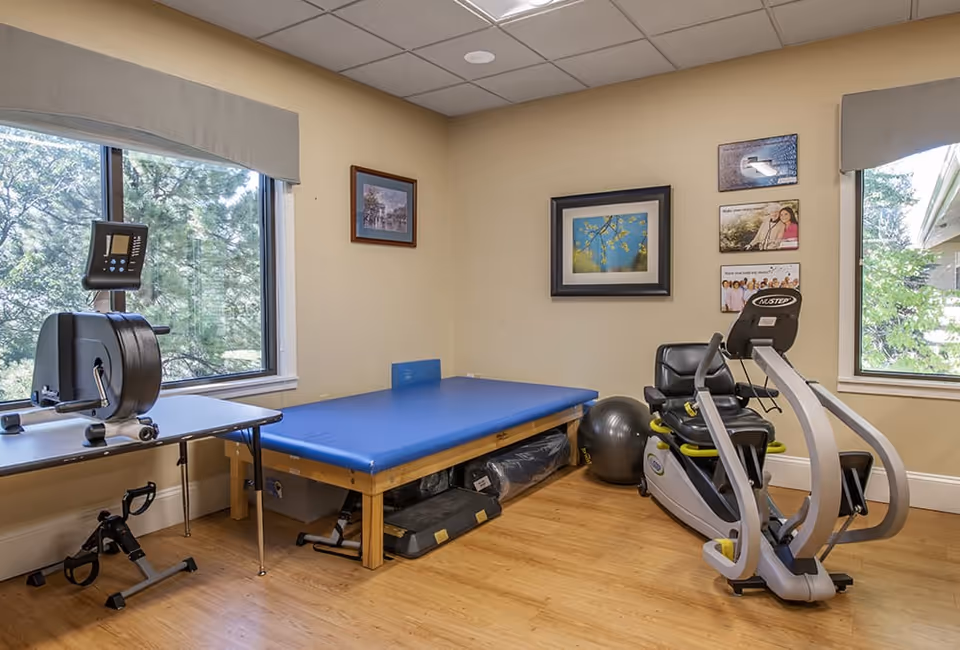 A small exercise room with a blue padded therapy table, a recumbent exercise bike, a rowing machine on a table, and an exercise ball. The room has light yellow walls, two windows with views of trees outside, and framed pictures on the walls.