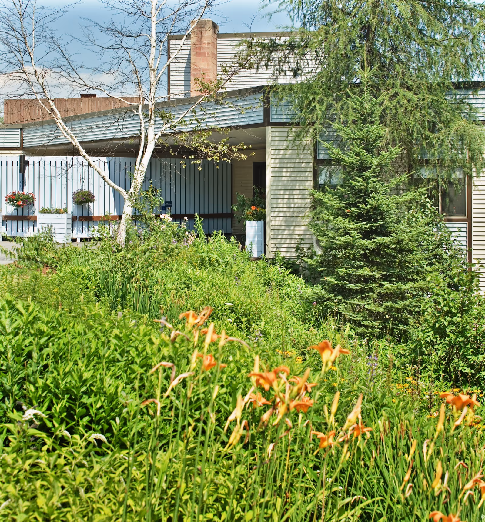 Exterior view of a building partially obscured by lush greenery and flowering plants, including orange lilies. The building has light-colored siding, a chimney, and a covered porch area with potted plants and hanging flower baskets. Trees and shrubs surround the area under a clear blue sky.
