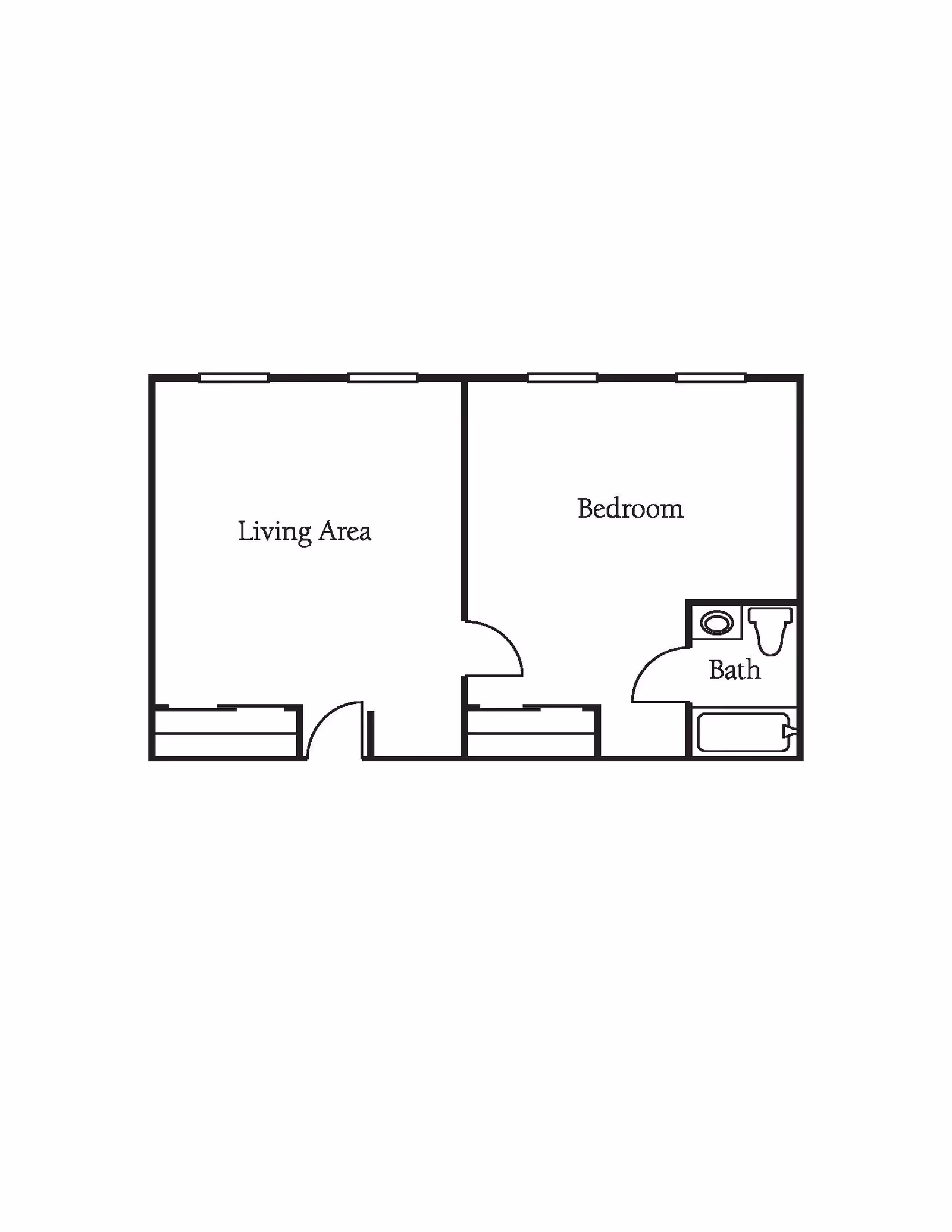 A simple black and white floor plan showing a living area, a bedroom, and a bathroom with a sink, toilet, and bathtub.