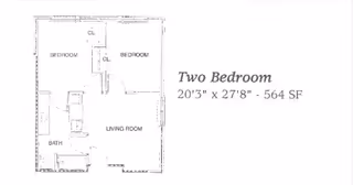 Architectural floor plan of a two-bedroom apartment with dimensions 20 feet 3 inches by 27 feet 8 inches, totaling 564 square feet. The layout includes two bedrooms, a living room, and a bathroom.
