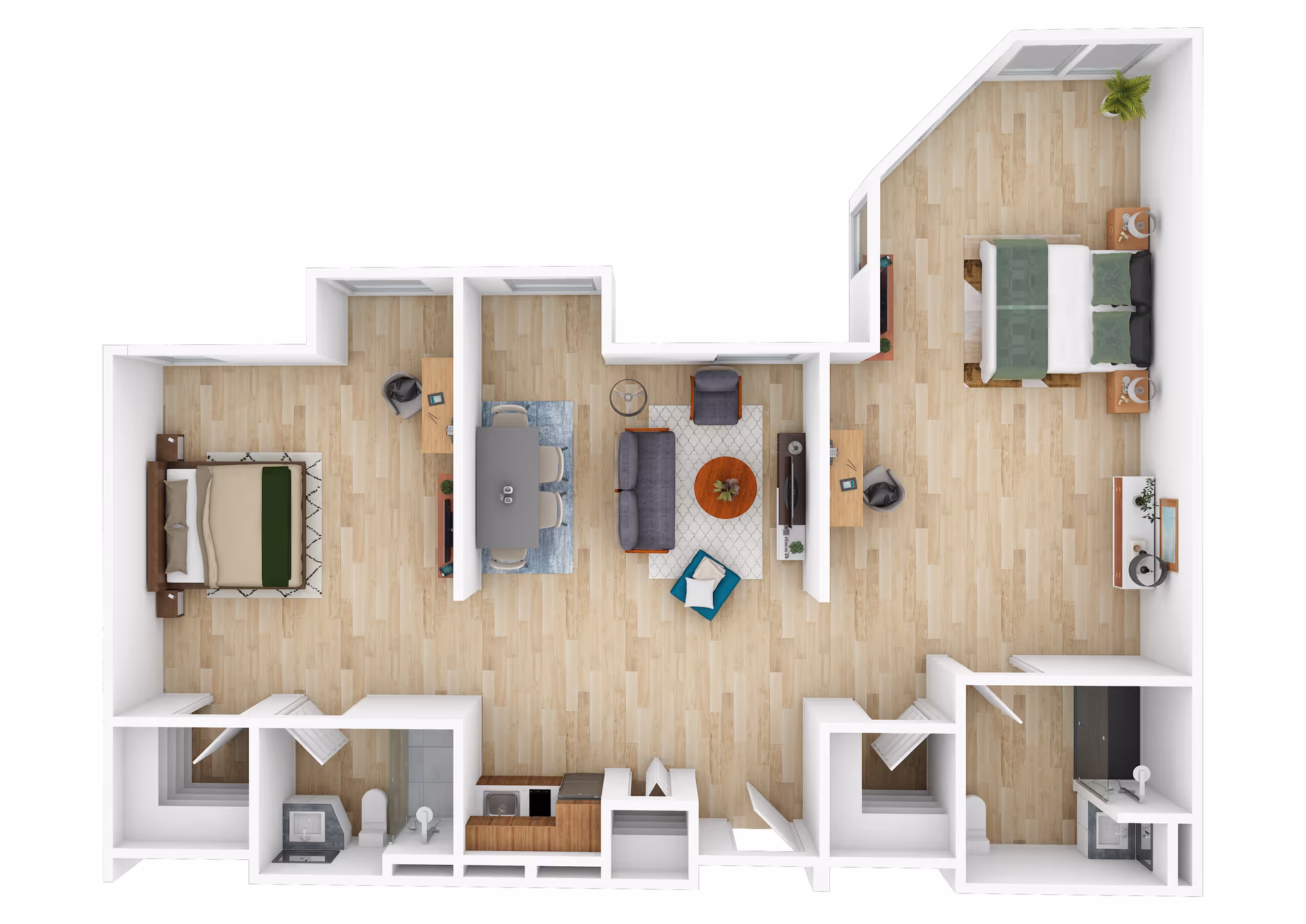 Top-down view of a two-bedroom apartment floor plan featuring two bedrooms, a living room with seating and a TV, a dining area with a table and chairs, a kitchen with appliances, and two bathrooms with showers.