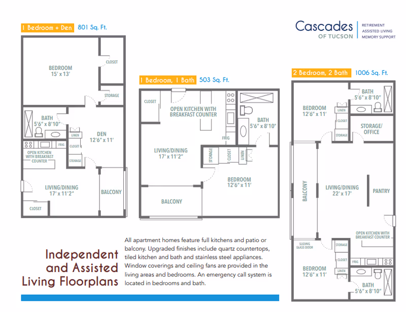 Three labeled apartment floorplans (one-bedroom, one-bedroom + den, and two-bedroom) with room dimensions and a Cascades of Tucson logo.
