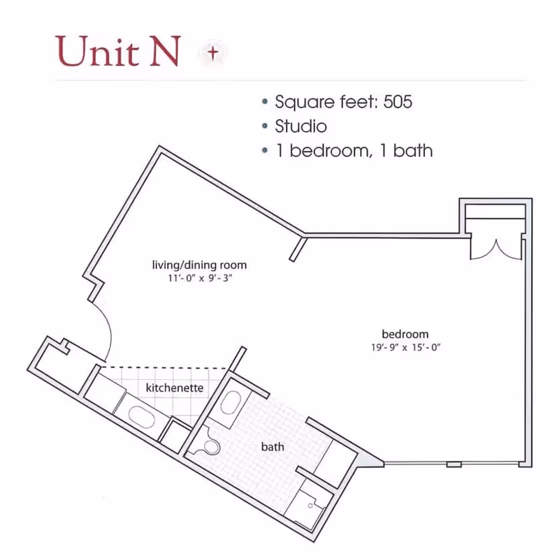 Floor plan of Unit N at Village at the Oaks showing a studio layout with 1 bedroom and 1 bath. The plan includes a living/dining room measuring 11 feet by 9 feet 3 inches, a kitchenette, a bathroom, and a bedroom measuring 19 feet 9 inches by 15 feet.
