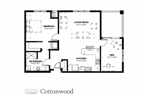 Architectural floor plan of a residential unit named Cottonwood at StoryPoint Schererville, showing a bedroom, bathroom, living room, kitchen, and den with dimensions labeled for each room.