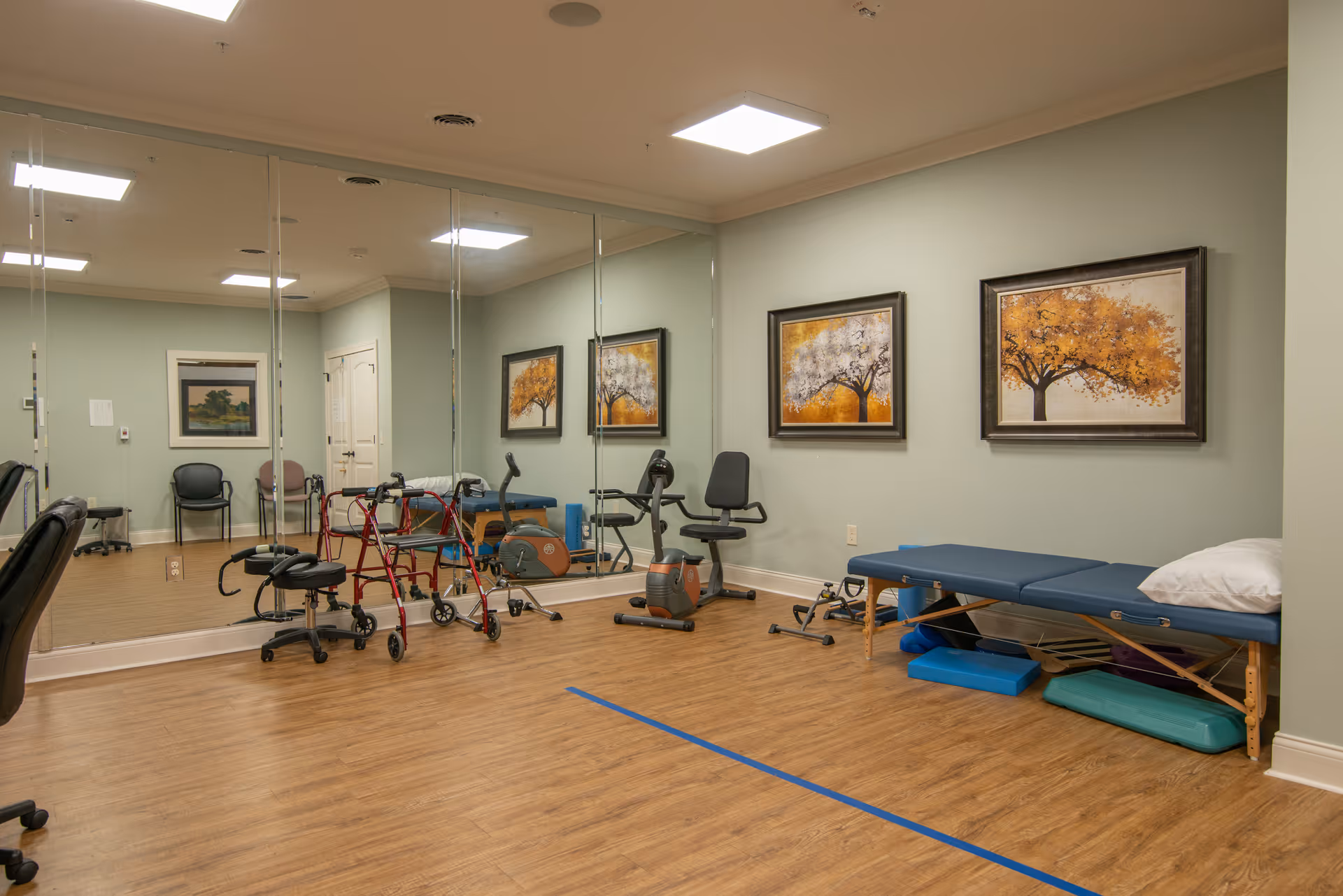 Interior therapy/exercise room with mirrors, exercise equipment, walkers, and a treatment table under framed tree paintings.
