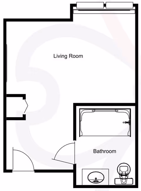 Floor plan layout showing a living room area connected to a bathroom with a bathtub, sink, and toilet.