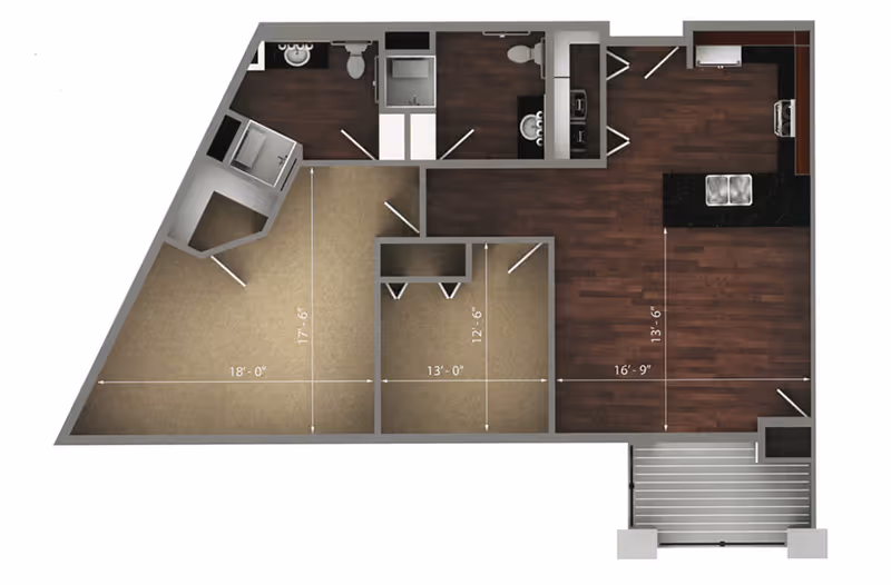Architectural floor plan of an apartment unit showing two bedrooms, two bathrooms, a kitchen with an island and sink, a living area, and a balcony. The bedrooms and living areas have dimensions marked, and the flooring is depicted with carpet in bedrooms and wood in kitchen and living areas.