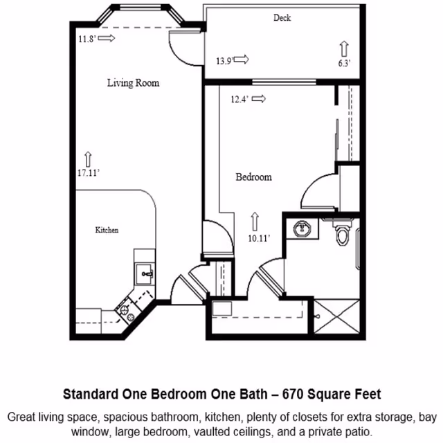 Floor plan diagram of a standard one-bedroom, one-bath apartment showing a living room, kitchen, bedroom, bathroom, closets, and a deck/patio.