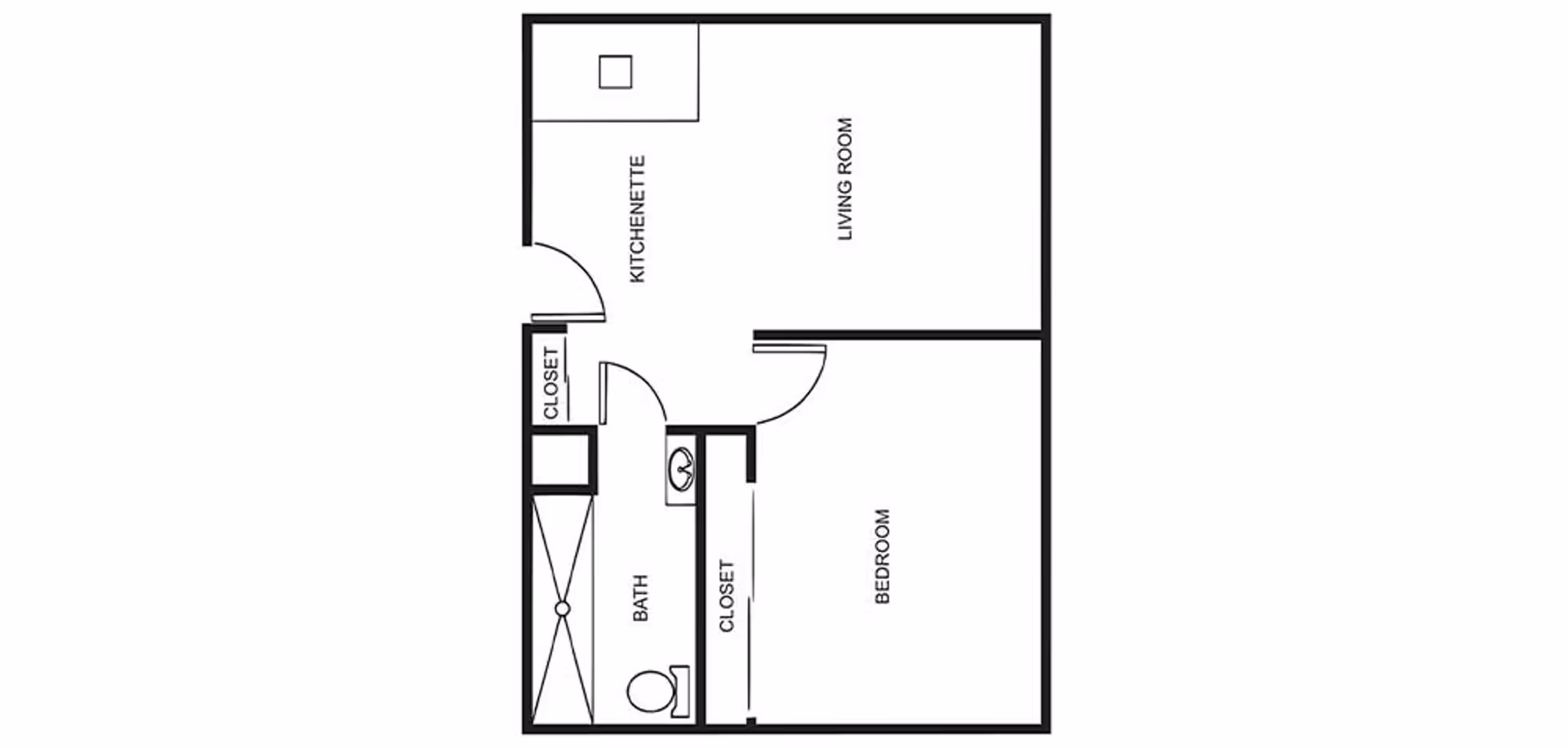 Floor plan layout showing a one-bedroom apartment with a living room, kitchenette, bathroom, and two closets.
