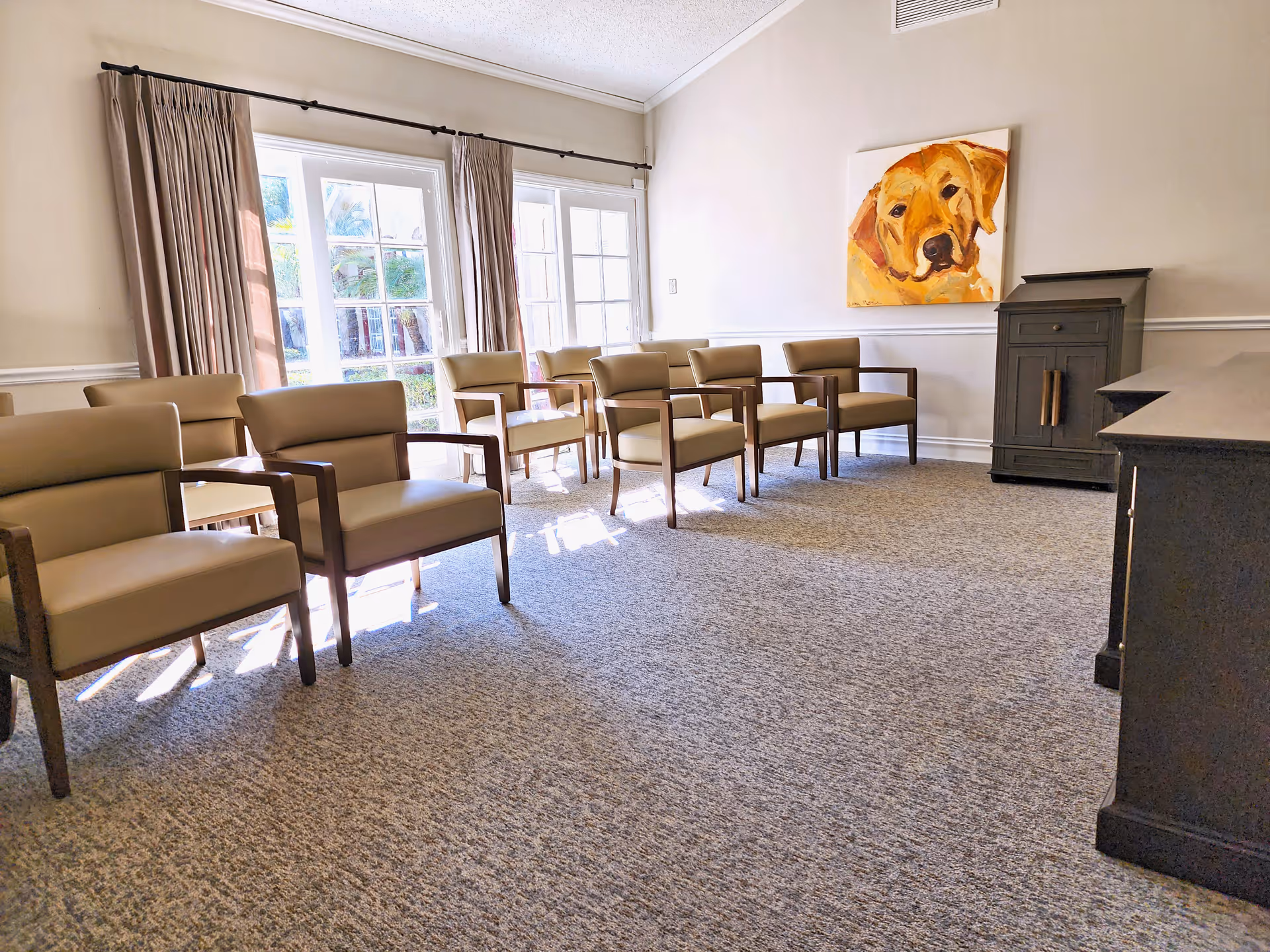 A bright room with beige cushioned chairs arranged in rows facing a dark wooden cabinet. Large windows with beige curtains allow natural light to fill the space. A painting of a yellow dog hangs on the wall above a small dark cabinet.