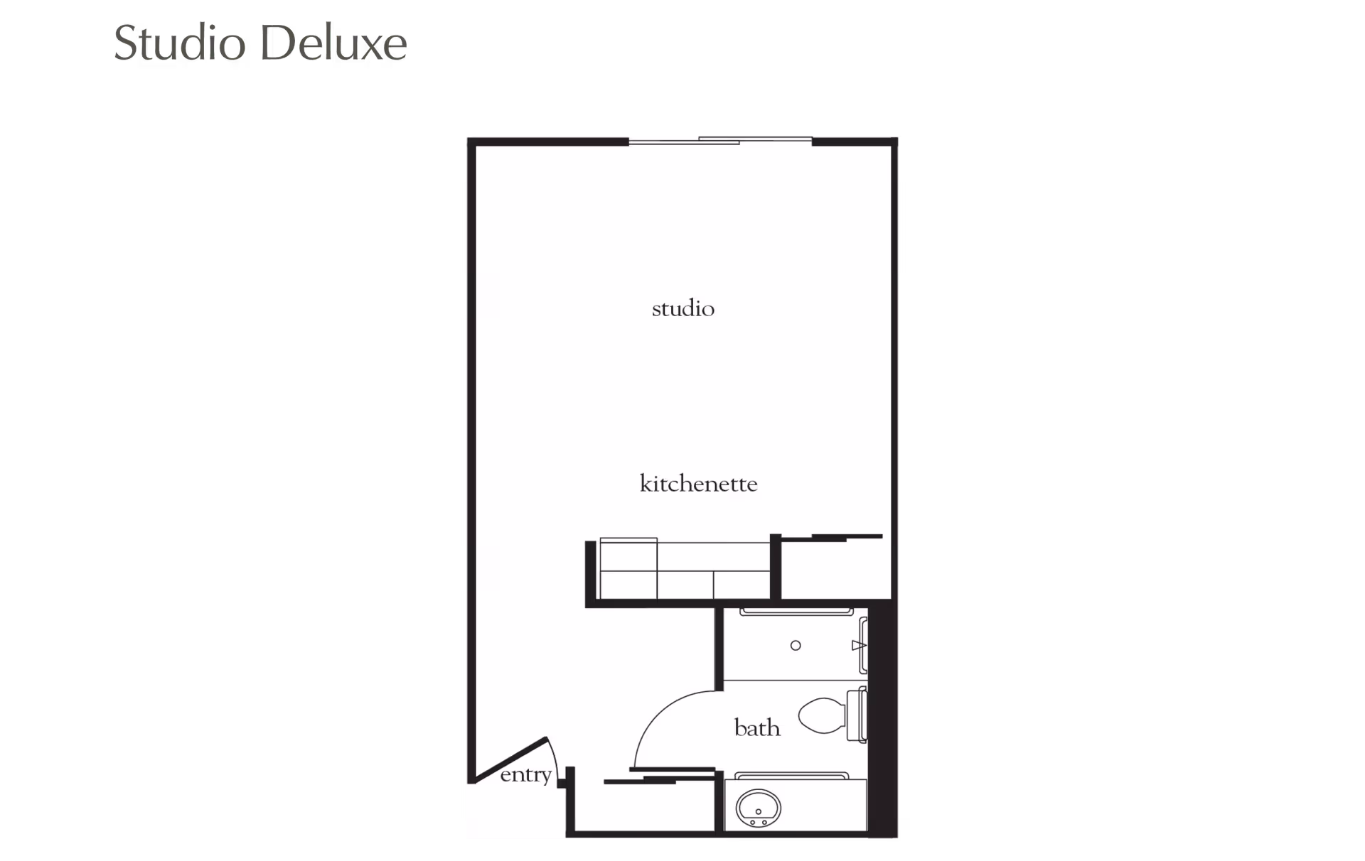 Floor plan of a Studio Deluxe apartment at Atria Walnut Creek showing an entry area, a combined studio and kitchenette space, and a separate bathroom with a sink, toilet, and bathtub.
