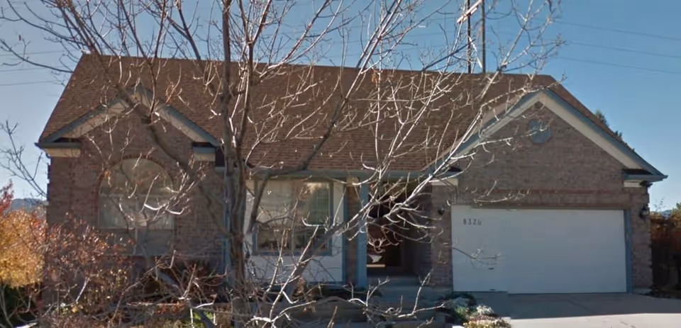 Front exterior view of a single-story brick house with a gable roof, a large garage door, and a leafless tree in the front yard.