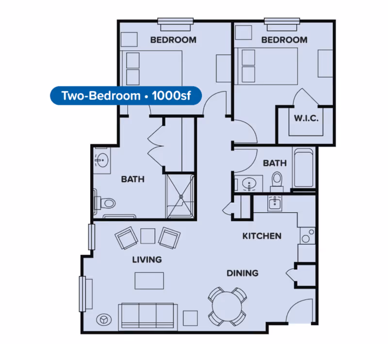 Floor plan of a two-bedroom apartment with 1000 square feet. The layout includes two bedrooms, two bathrooms, a living area with seating, a kitchen, and a dining area with a round table and four chairs. One bedroom has a walk-in closet.