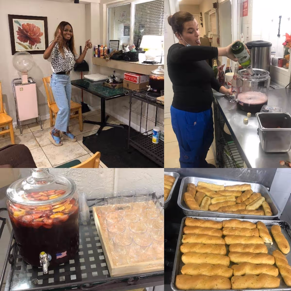 A collage of four images showing scenes inside Green Life Assisted Living Facility. Top left: A woman standing and giving thumbs up in a room with chairs and a table. Top right: A woman pouring liquid into a large container on a kitchen counter. Bottom left: A large glass container filled with a red beverage and fruit slices next to empty plastic cups. Bottom right: Two trays filled with baked breadsticks.