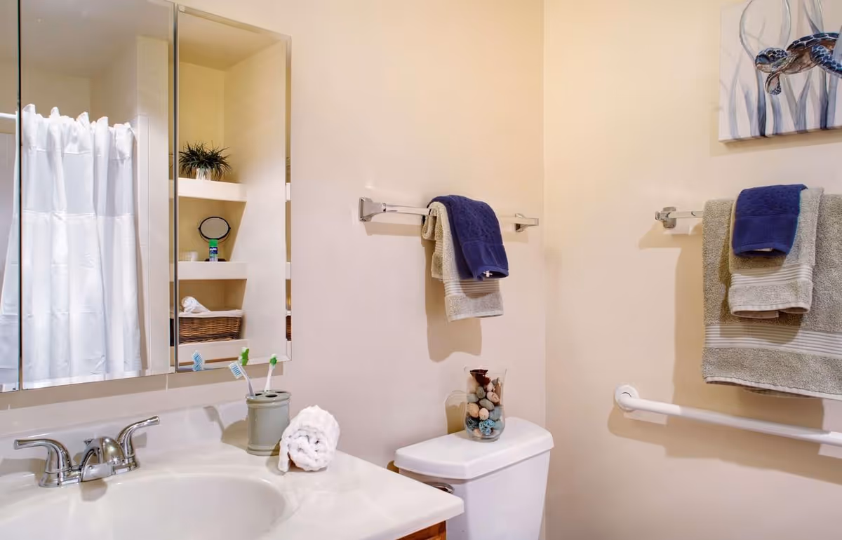 A clean bathroom with a white sink and silver faucet, a mirror above the sink, a white shower curtain, and shelves with a plant and toiletries. There are two towel racks on the wall holding folded towels in blue and beige colors. A white toilet with a glass container filled with decorative items is also visible. A painting of a sea turtle hangs on the wall.