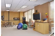 Bright interior therapy room with exercise balls, dumbbells, a TV on a cabinet, and workstations by the windows.