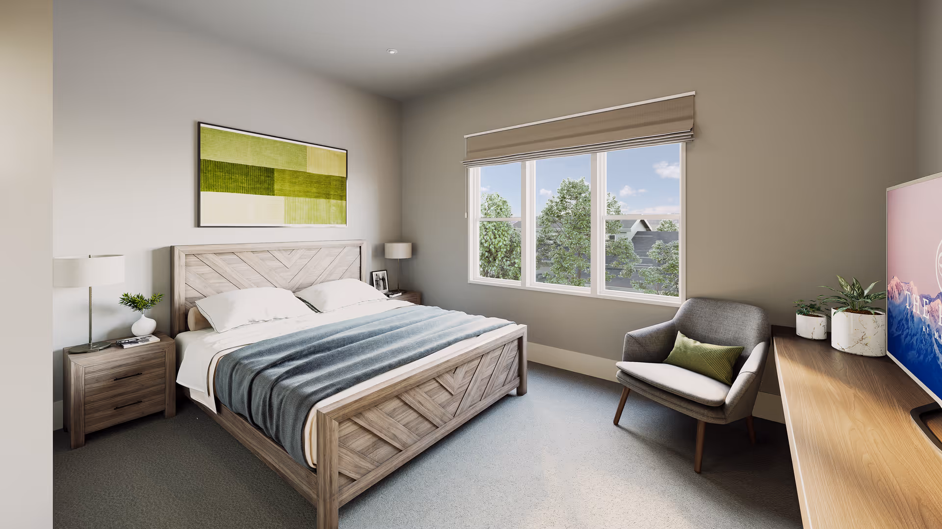 A bright and modern bedroom with a large wooden bed featuring a chevron pattern on the headboard and footboard. The bed is made with white sheets and a blue-gray blanket. On either side of the bed are matching wooden nightstands with white lamps and small decorative plants. A large window with a beige blind lets in natural light and shows trees and rooftops outside. A gray armchair with a green pillow sits next to a wooden dresser with potted plants and a flat-screen TV displaying a mountain scene.