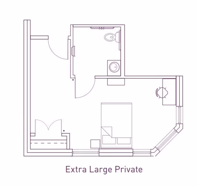 Architectural floor plan of an extra large private room showing a bedroom area with a bed, a small desk and chair, a bathroom with a toilet and sink, and an entry area with a closet.