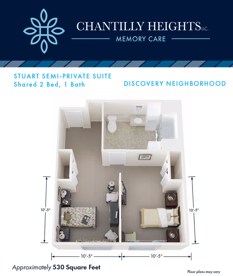 3D floor plan of Stuart Semi-Private Suite at Chantilly Heights Memory Care, showing a shared 2-bedroom, 1-bathroom layout with two separate beds, a shared living area with chairs and a TV, and a bathroom with a toilet, sink, and shower.