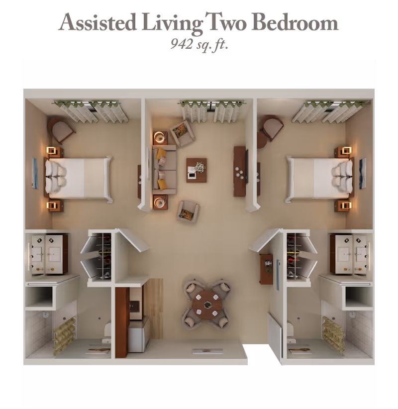 Floor plan of an assisted living two-bedroom apartment with 942 square feet. The layout includes two bedrooms each with a bed, nightstands, and a chair. Each bedroom has an adjacent bathroom with a shower, toilet, and double sink vanity. The central area features a living room with a sofa, two armchairs, a coffee table, and a TV stand. There is also a dining area with a round table and four chairs, and a kitchen area with appliances and cabinetry.