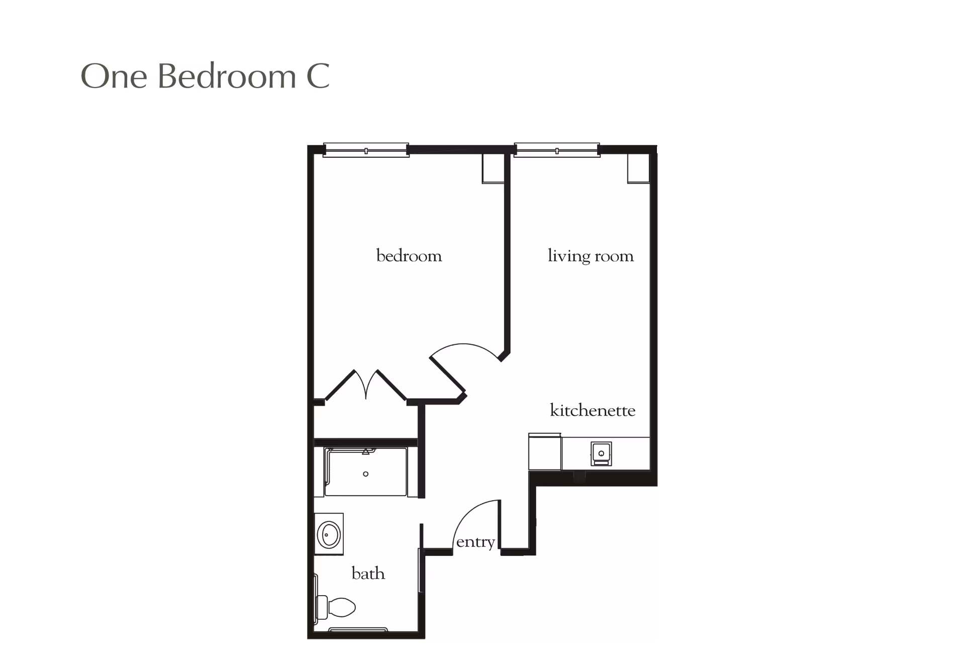 Floor plan layout of a one-bedroom apartment labeled One Bedroom C, showing a bedroom, living room with kitchenette, bathroom, and entry area.