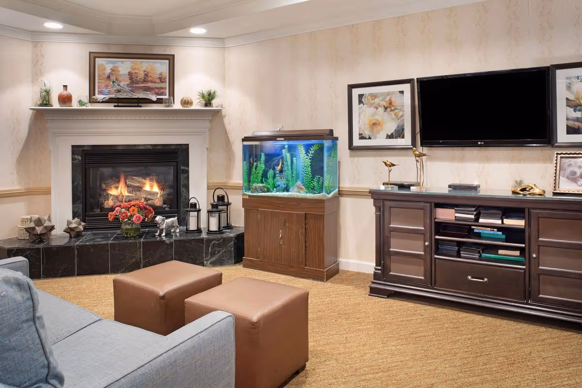 A cozy living room area featuring a lit fireplace with decorative items on the mantel, a fish tank on a wooden stand, a wall-mounted flat-screen TV, framed floral artwork, a dark wooden cabinet with shelves and drawers, two brown ottomans, and a light blue sofa.
