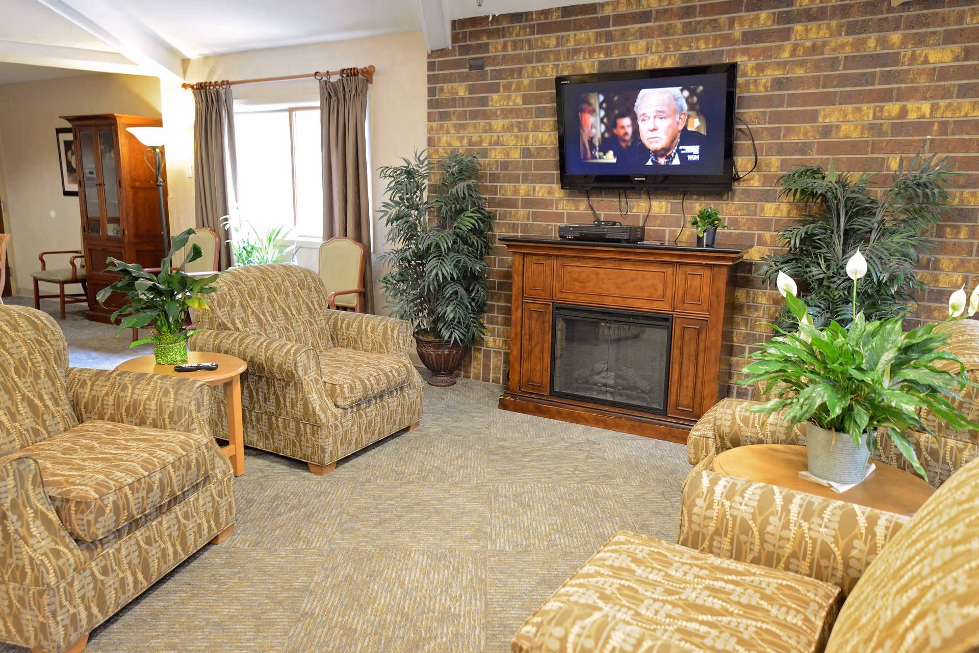 Cozy lounge with patterned upholstered armchairs, a wooden fireplace console beneath a wall-mounted TV, and several potted plants.
