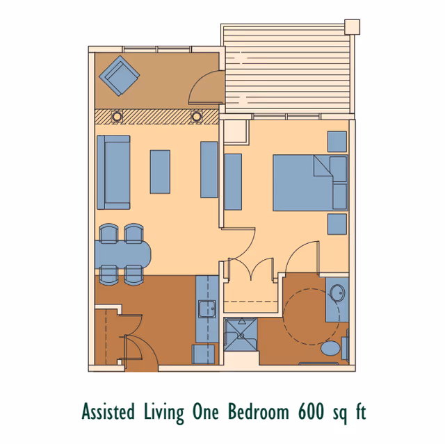 Floor plan of an assisted living one-bedroom apartment measuring 600 square feet, showing a living room with seating and dining area, a kitchen, a bedroom with a bed and nightstands, a bathroom with a shower and toilet, and a small outdoor balcony or patio.