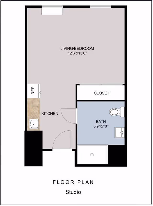Floor plan of a studio apartment at The Reutlinger Community showing a combined living and bedroom area measuring 12 feet 6 inches by 15 feet 6 inches, a kitchen area with a refrigerator and sink, a closet, and a bathroom measuring 6 feet 9 inches by 7 feet.