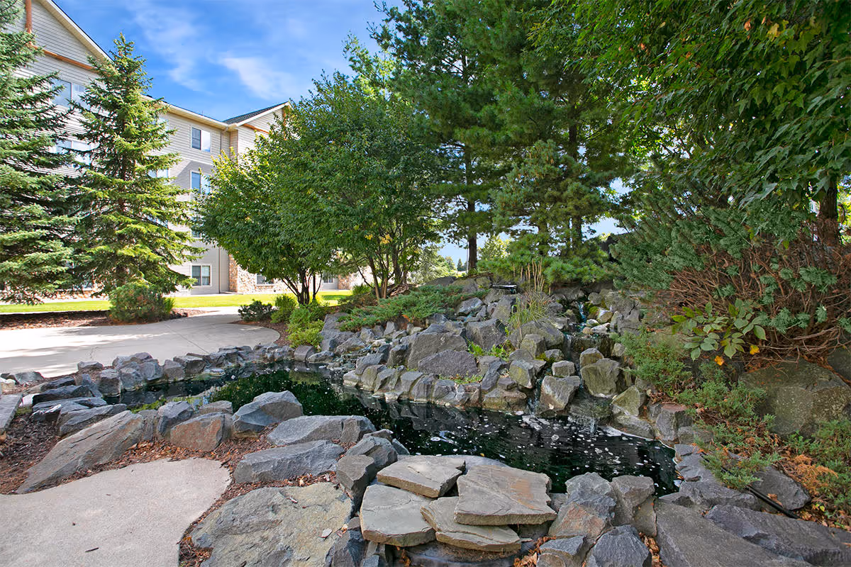 Outdoor garden area at Timber Hills featuring a small pond surrounded by rocks and greenery, with trees and shrubs around. A multi-story building is visible in the background under a blue sky with some clouds.