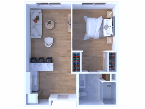 Top-down view of a senior living apartment layout featuring a living room with a sofa, armchair, and round coffee table; a kitchen with a marble countertop and three bar stools; a bedroom with a bed and two nightstands with lamps; and a bathroom with a toilet, sink, and shower. There are two closets between the bedroom and bathroom.